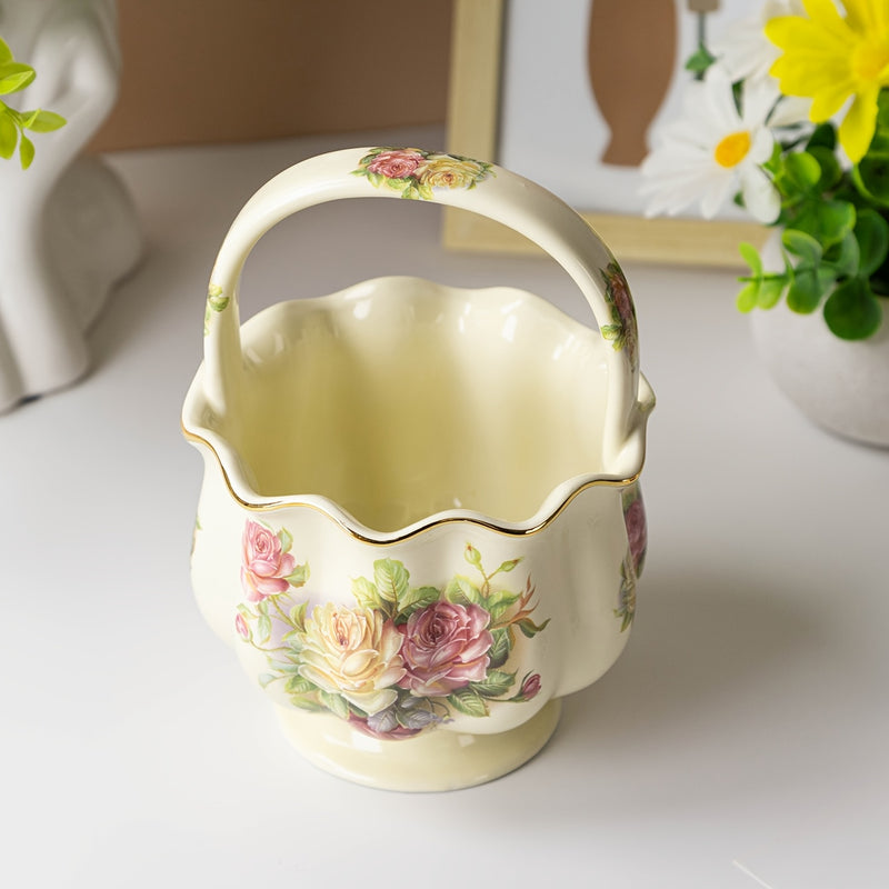 Cesta de Frutas de Cerámica Pintada a Mano con Rosas Rojas Vibrantes y Detalles Dorados - Perfecta para el Té de la Tarde, Almacenamiento en la Cocina y Ocasiones Especiales como Navidad, San Valentín, Día de la Madre