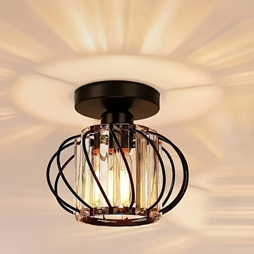 1 pieza de luz de techo semi-inclinada moderna, diseño de jaula de metal con paneles de vidrio, base de bombilla E26, cableado duro, acabado con aceite para sala de estar, pasillo, baño, cocina - bombilla no incluida, iluminación para techo