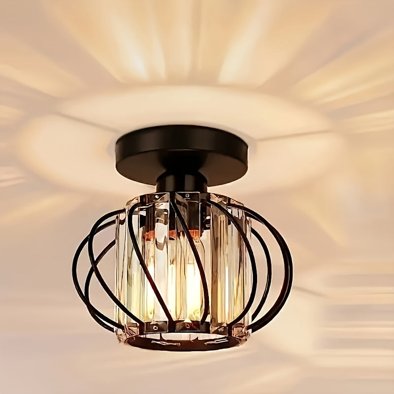 1 pieza de luz de techo semi-inclinada moderna, diseño de jaula de metal con paneles de vidrio, base de bombilla E26, cableado duro, acabado con aceite para sala de estar, pasillo, baño, cocina - bombilla no incluida, iluminación para techo