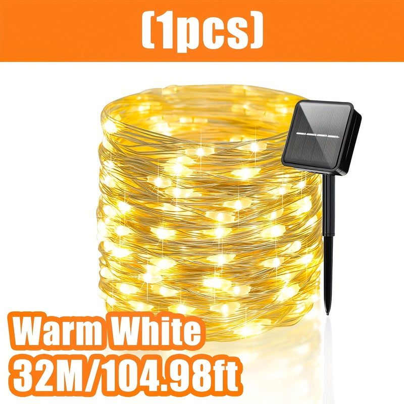 32.0 metros 300 luces de hada solares LED, 8 modos luces de cadena para exteriores para jardín, patio, árbol, Navidad, boda, RV, Halloween, Ramadán - Luces eléctricas portátiles solares IP54 para exteriores, iluminación de jardín | Iluminación festiva |