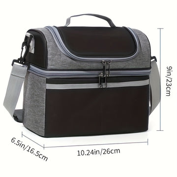 Lonchera térmica de doble capa, no para contacto con alimentos, gran capacidad, con correa para hombro y asa, resistente tela Oxford, ideal para el trabajo y la escuela, negra con detalles a rayas