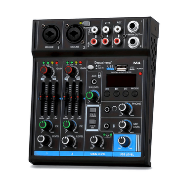 Depusheng M4 Mezclador de Audio de 4 Canales - Grabación USB, Alimentación Phantom de 48V, Ideal para Estudios y Actuaciones en Vivo