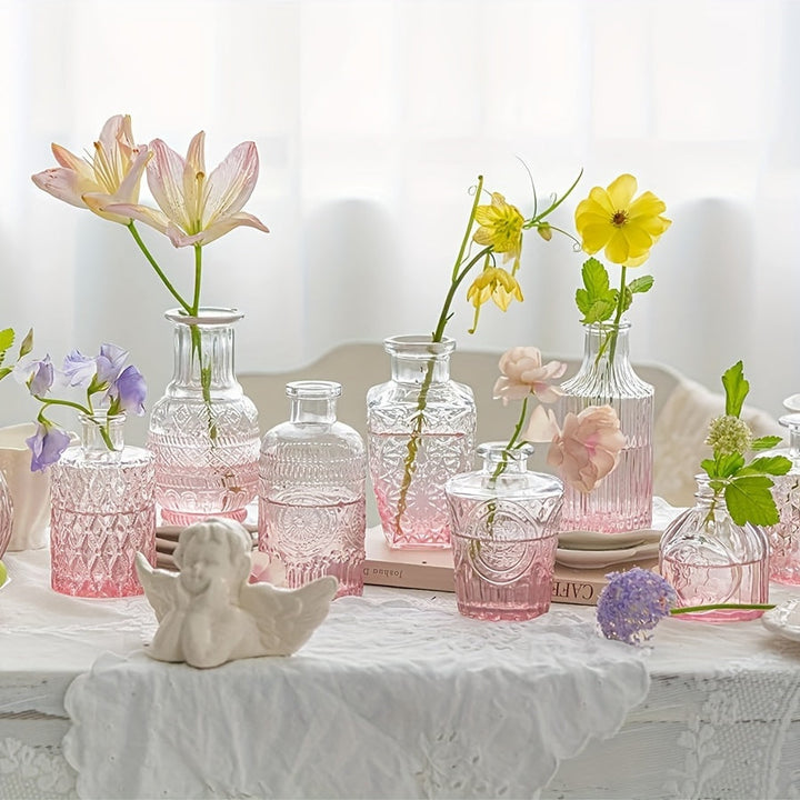Juego de 10 Jarrones de Vidrio para Capullos - Mini Jarrones Vintage para Decoración de Bodas, Hogar y Mesa de Comedor, Pequeño Jarrón Tallado para Centro de Mesa, Entrada (Rosa)