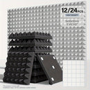 12/24pcs - TMJD MISS Paneles de Espuma Insonorizante en Forma de Pirámide, 5.08x30.48x30.48 cm - Azulejos de Cuña Acústicos de Alta Densidad para Aislamiento de Paredes de Estudio, Negro/Blanco/Gris - Incluye Cinta de Instalación, Aislamiento Acústico de