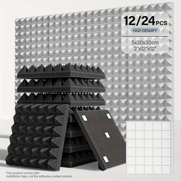12/24pcs - TMJD MISS Paneles de Espuma Insonorizante en Forma de Pirámide, 5.08x30.48x30.48 cm - Azulejos de Cuña Acústicos de Alta Densidad para Aislamiento de Paredes de Estudio, Negro/Blanco/Gris - Incluye Cinta de Instalación, Aislamiento Acústico de