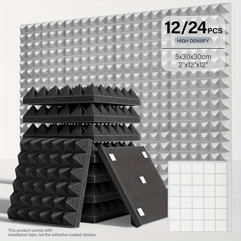 12/24pcs - TMJD MISS Paneles de Espuma Insonorizante en Forma de Pirámide, 5.08x30.48x30.48 cm - Azulejos de Cuña Acústicos de Alta Densidad para Aislamiento de Paredes de Estudio, Negro/Blanco/Gris - Incluye Cinta de Instalación, Aislamiento Acústico de