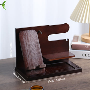 Soporte de Madera Sólida para Teléfono y Organizador para Hombres – Mesita Multifuncional con Ranura para Cable de Carga, Compartimentos para Carteras, Gafas, Relojes & Llaves – Regalo Perfecto para Papá, Esposo, Novio – Montaje Fácil, Decoración Estilo