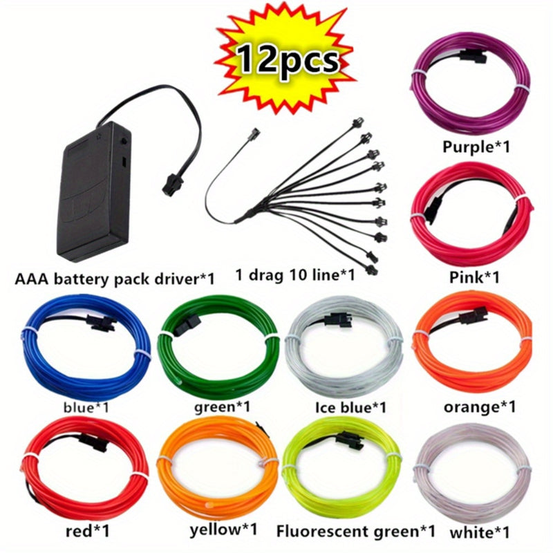 Juego de 12 piezas de cable EL luminoso, cable EL luz fría, cadena de luz ambiental decorativa DIY, accesorios de baile fluorescentes, cable fluorescente LED.