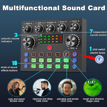 Interfaz de Audio V8S Pro con Efectos de Cambio de Voz - Alimentada por USB, Recargable de 500mAh, Tarjeta de Sonido ABS Negra para Grabación en PC, Canto, Streaming y Juegos, Incluye Conector para Micrófono y Auriculares
