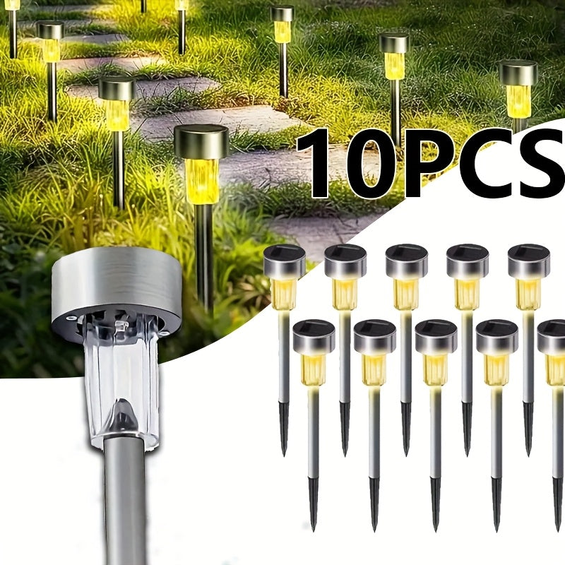 10 piezas de luces LED solares, luces de poste de acero inoxidable para exteriores, adecuadas para patio, césped, camino, terraza, entrada y jardín, decoraciones de fiestas, mejor elección para regalos festivos.