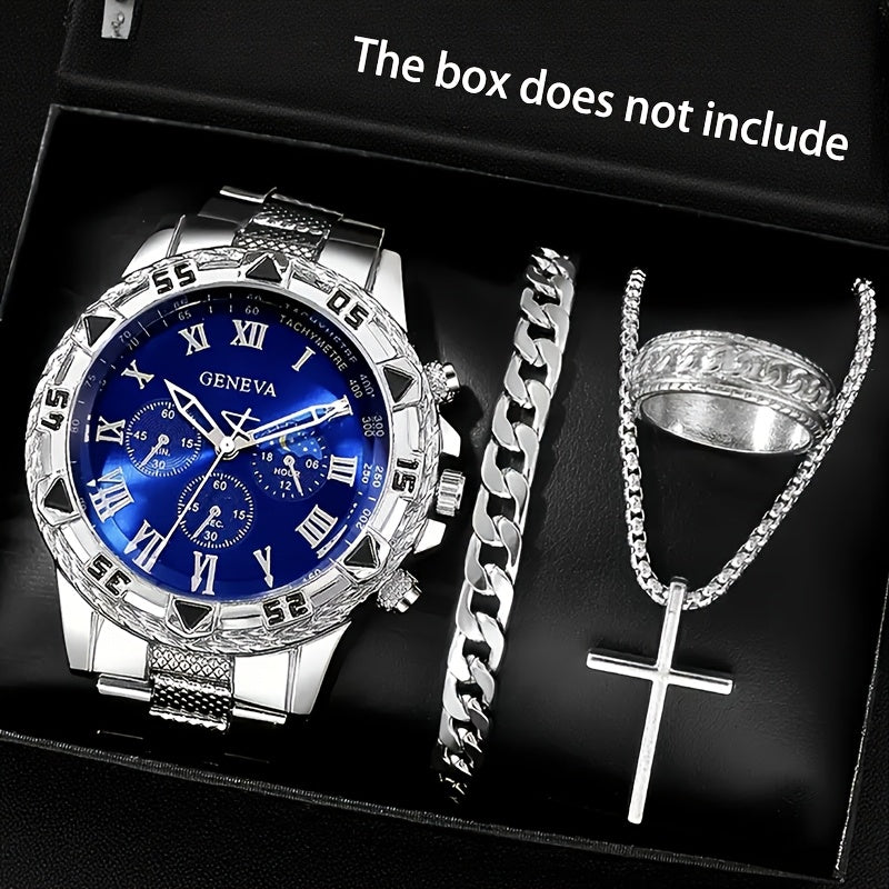 1-4 Piezas Set de Reloj para Hombre, Reloj Deportivo de Cuarzo con Collar y Pulsera a la Moda, Esfera Redonda Clásica, Correa Dorada Cómoda, Regalo Perfecto para Familiares y Amigos, Ideal para Pascua o Atuendo Casual