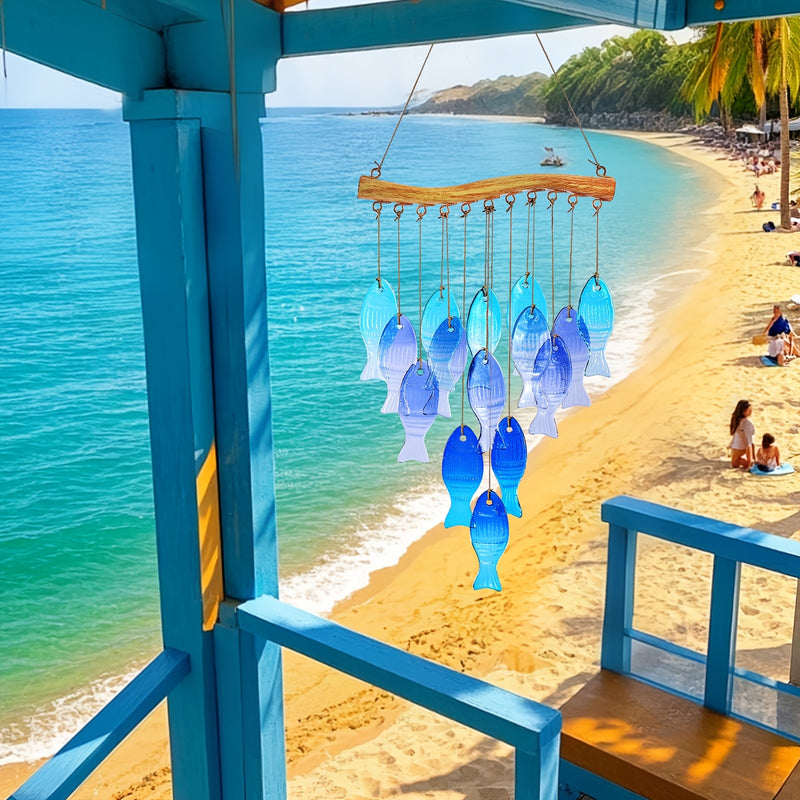 Campanilla de Viento de Pescado de Vidrio Azul Hecha a Mano - Gran Decoración Colgante para Exteriores/Interiores con Pez Esférico Vibrante, Sin Necesidad de Electricidad para Jardín, Patio, Fiestas en la Playa, Bodas y Festividades (Halloween, Navidad,
