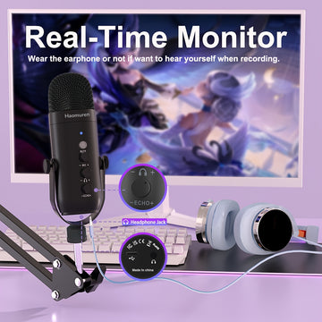 Micrófono USB Condensador, Kit de Micrófono para Juegos Haomuren con Brazo de Soporte, Micrófono Supercardioid con Botón de Silencio, Perilla de Aumento de Volumen de Eco, Ajuste de Monitor para Teléfono, PC, Computadora, Tableta, Streaming, Grabación, P