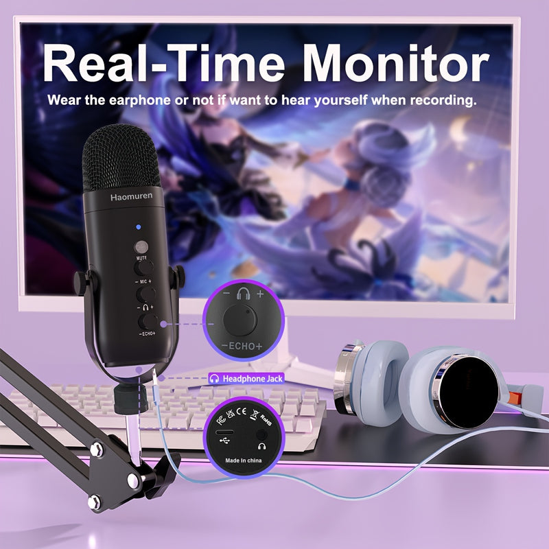 Micrófono USB Condensador, Kit de Micrófono para Juegos Haomuren con Brazo de Soporte, Micrófono Supercardioid con Botón de Silencio, Perilla de Aumento de Volumen de Eco, Ajuste de Monitor para Teléfono, PC, Computadora, Tableta, Streaming, Grabación, P