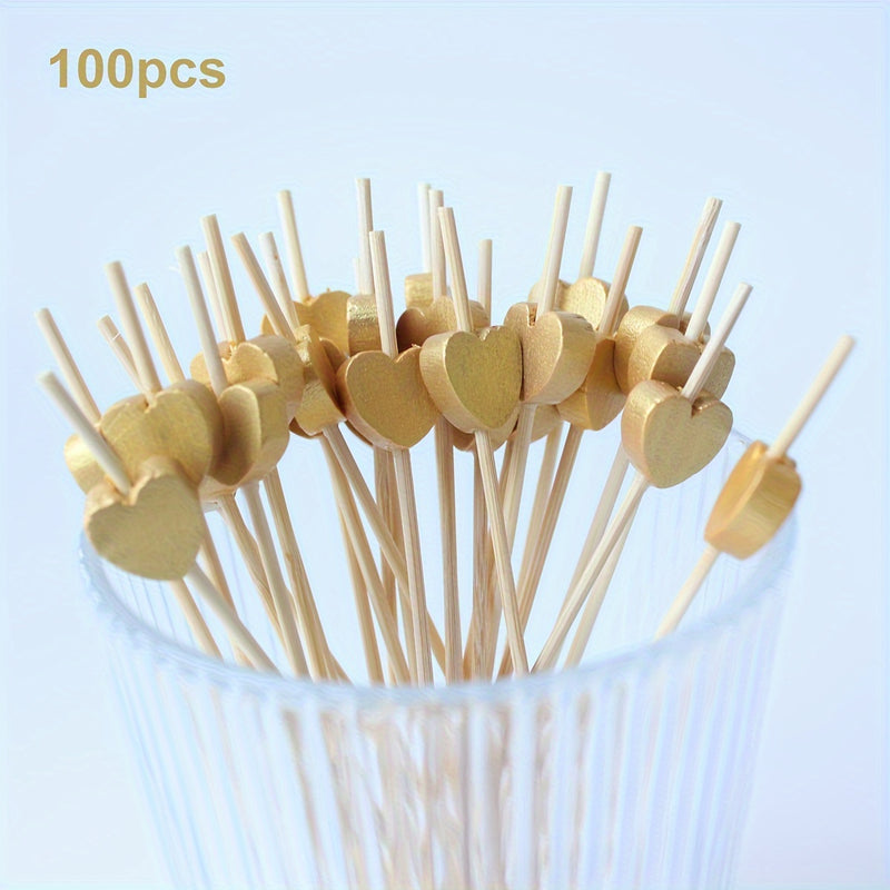 100 Palillos para Aperitivos, Palillos de Bambú para Cócteles, Palillos para Comida en Forma de Corazón, Palillos para Cócteles Cromo Dorado de 4.7 Pulgadas de Largo, Palillos para Frutas, Palillos para Barbacoa para Fiestas de Buffet en Casa y Restauran
