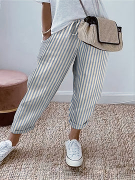 Pantalones de mujer 100% algodón, con cintura elástica y rayas, tobilleros, suaves y transpirables, casuales para vacaciones, con bolsillos, lavables a máquina, para primavera, verano y otoño, ropa de viaje, corte relajado, cómodos, con bolsillos, ideale