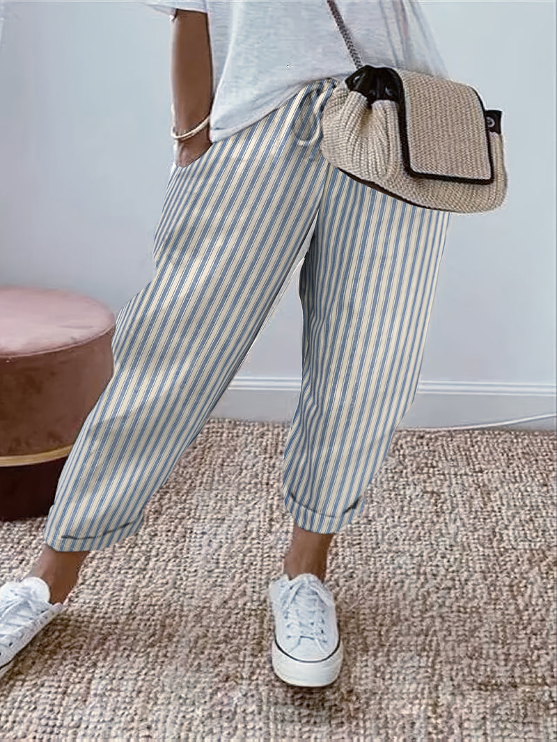 Pantalones de mujer 100% algodón, con cintura elástica y rayas, tobilleros, suaves y transpirables, casuales para vacaciones, con bolsillos, lavables a máquina, para primavera, verano y otoño, ropa de viaje, corte relajado, cómodos, con bolsillos, ideale