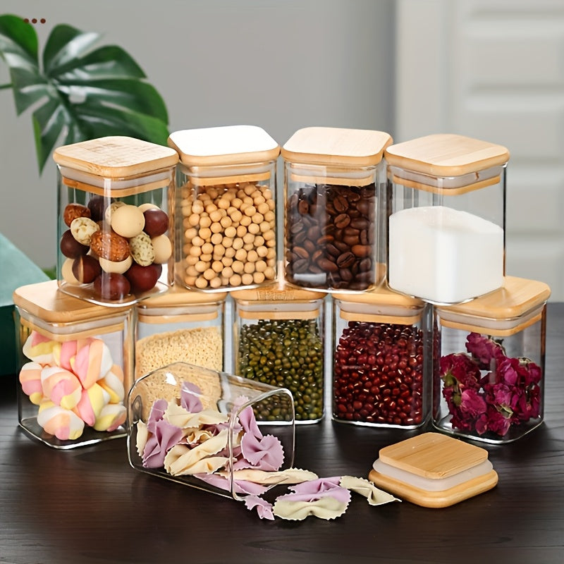 12 piezas en un conjunto, frascos sellados para alimentos apilables, botellas de vidrio de borosilicato de alta calidad con tapas de bambú, cajas de almacenamiento de granos de cocina, contenedores a prueba de humedad.