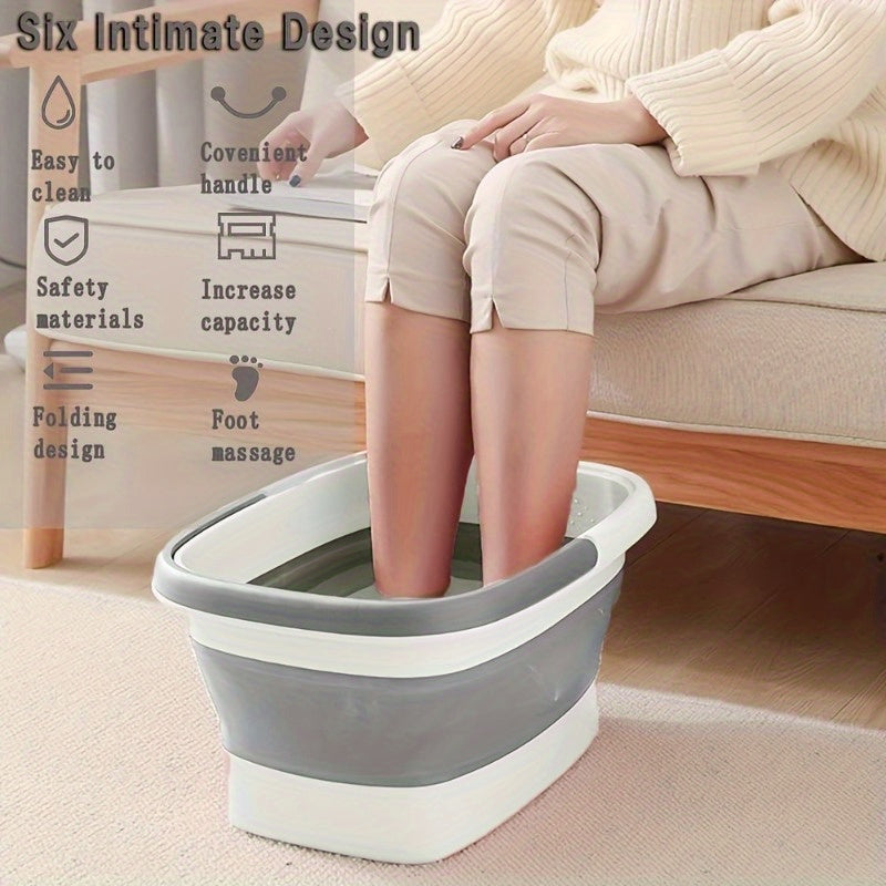 1 Bañera de pies plegable y cesta de ropa - Cubo de inmersión de pies de plástico duradero con mango ergonómico, inmersión de pies/manos portátil, diseño que ahorra espacio, versión de dos tonos, construcción robusta, forro texturizado, fácil de limpiar,