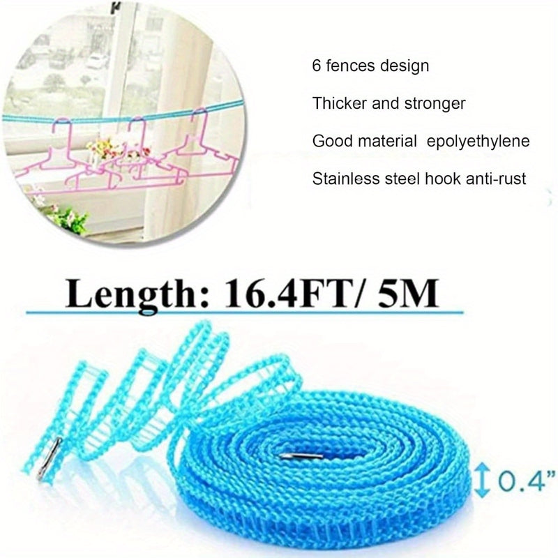 3 piezas de línea de ropa de plástico duradera - Resistente al viento y antideslizante, azul, verde y rosa, 196,85 pulgadas de largo con ganchos de acero inoxidable - Línea de ropa portátil para viajes, camping, hogar y uso hotelero, Línea de ropa para v