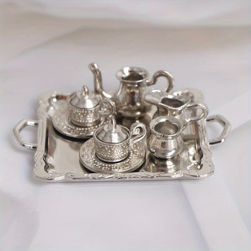 10 Piezas de Juego de Taza y Platillo Metálico Plateado en Escala 1/12 para Exhibición