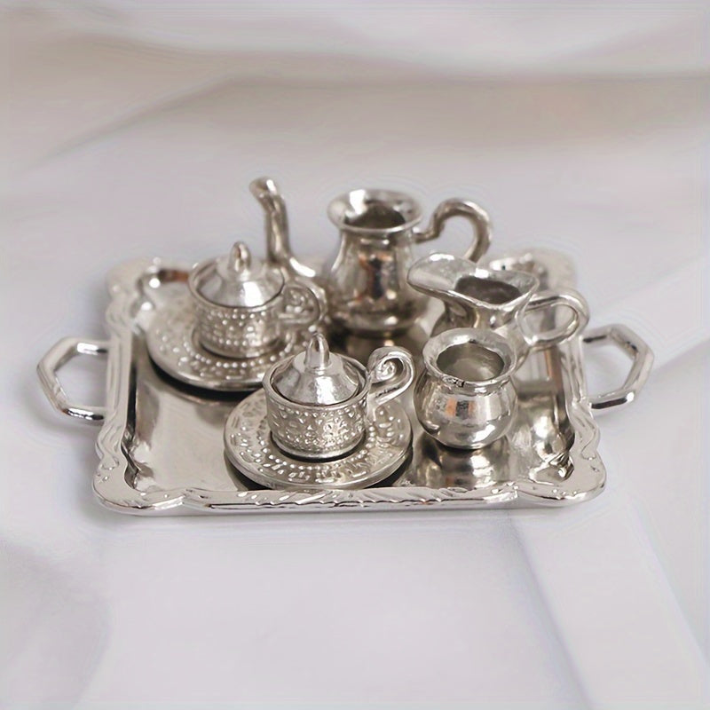 10 Piezas de Juego de Taza y Platillo Metálico Plateado en Escala 1/12 para Exhibición