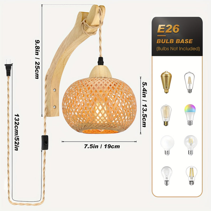 Lámpara de pared de bambú ligero, lámpara de pared rústica de granja, lámpara de pared de mimbre con cordón de enchufe americano, lámpara de rattán tejida a mano, lámpara bohemia para sala de estar dormitorio, base E26 E27 (bombilla no incluida)