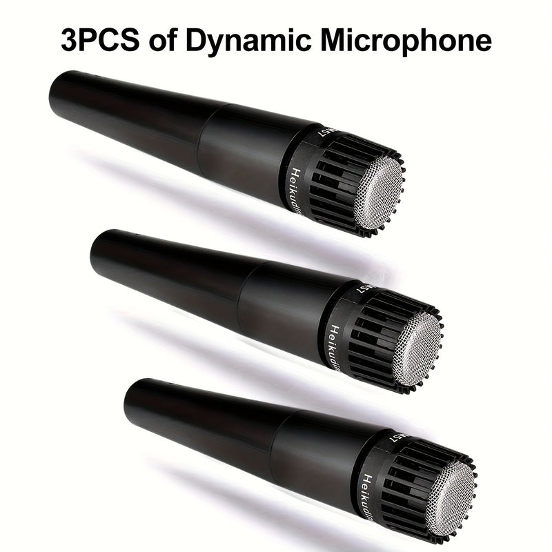 3-Pack Heikuding Micrófono Dinámico Portátil, Estilo SM57, Patrón de Polaridad Unidireccional, Diafragma Pequeño, Metal, Conector XLR, No alimentado, con Clip y Soporte, No requiere Batería