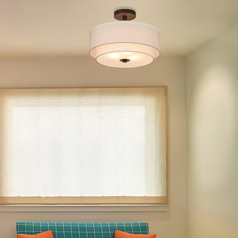 3 luces de montaje semi empotrado, luminaria de techo cercana con pantalla de tela, latón dorado retro, luz de tambor semi empotrado de 15.7 pulgadas para dormitorio y sala de estar