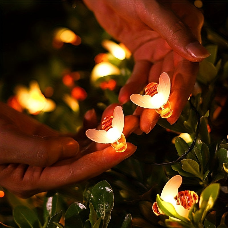 Luces de hada de jardín navideño solares en forma de abeja, pack de 2, 60 LED, luces de jardín de tema animal de plástico, control de botón, luz blanca, alimentadas por energía solar con batería de níquel de 600mAh, función de parpadeo, paneles solares r
