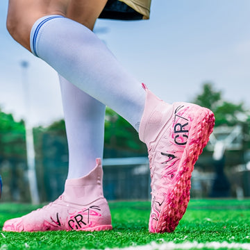 Zapatillas de fútbol de corte alto para jóvenes - Ligero, transpirable, suela de goma antideslizante, zapatos de entrenamiento cómodos con patrón azul y negro, perfectos para deportes al aire libre y práctica, uso todo el año, calzado de entrenamiento |