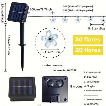 Luces solares de cerezo púrpura, 8 funciones, decoración para patio, balcón, camping, tira LED de ambiente festivo, 1 cuerda de 5 metros con 20 luces o 6.5 metros con 30 luces