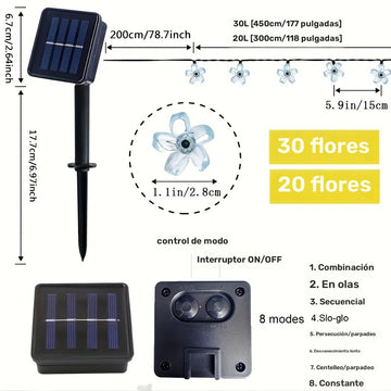 Luces de cuerda de flores de cerezo alimentadas por energía solar, 8 modos, 5m/6.5m, 20/30 LED, plástico, tema floral, control de botón de pulsar, función de parpadeo, carga solar, batería de níquel, para jardín, boda, decoración de festival