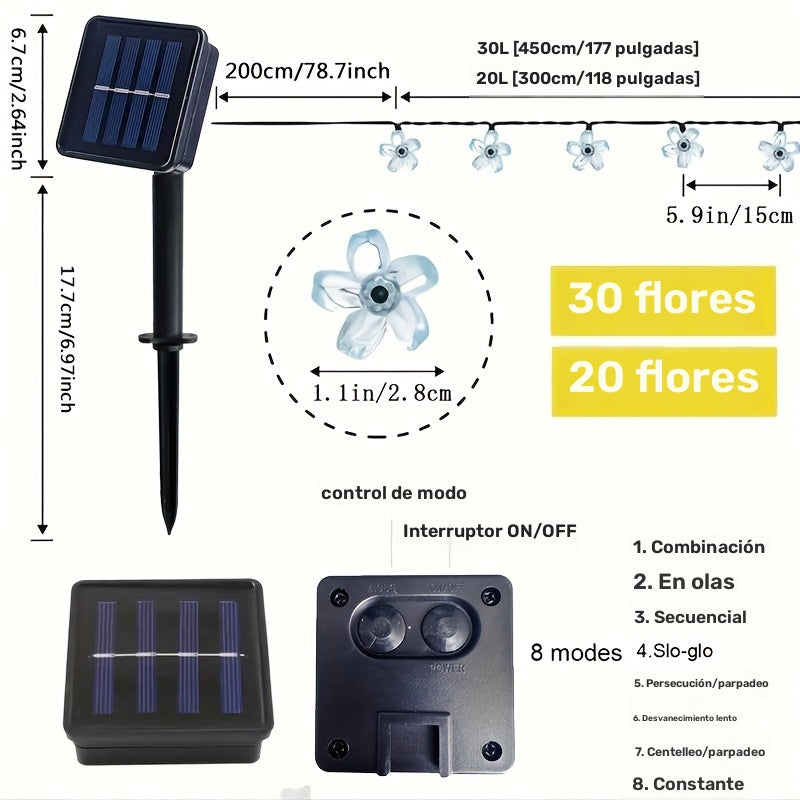Luces de cuerda de flores de cerezo alimentadas por energía solar, 8 modos, 5m/6.5m, 20/30 LED, plástico, tema floral, control de botón de pulsar, función de parpadeo, carga solar, batería de níquel, para jardín, boda, decoración de festival
