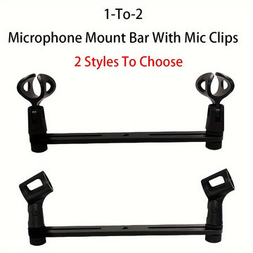 Barra de montaje de micrófono de 1 a 2 con clips de mic: Rosca ajustable de 3/8" para la mayoría de los soportes de micrófono y brazos de boom