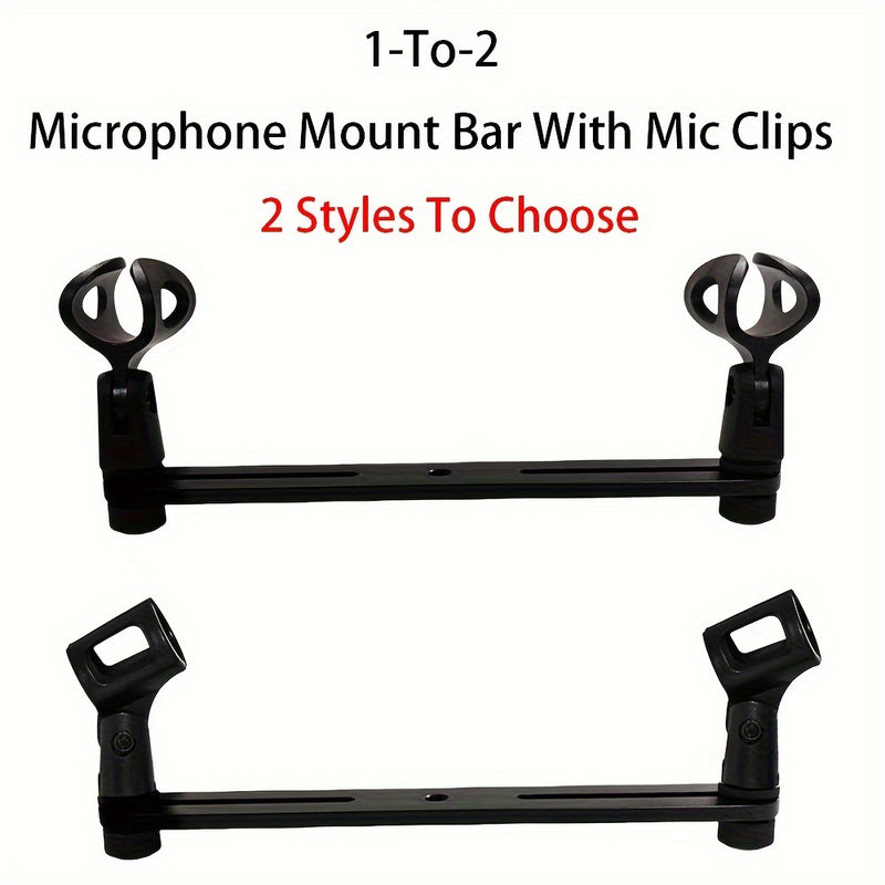 Barra de montaje de micrófono de 1 a 2 con clips de mic: Rosca ajustable de 3/8" para la mayoría de los soportes de micrófono y brazos de boom