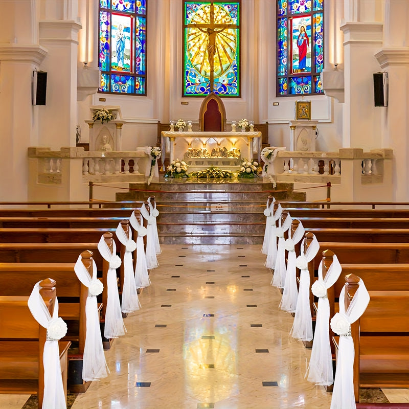 8 piezas de Decoraciones AITISOR para Pasillo y Sillas de Boda - Rosas Artificiales Blancas con Detalles de Estrás, Decoración Colgante de Tela para Iglesia, Hotel, Fiesta - Versátil para Bodas, Fiestas, Eventos de Primavera y Verano, Decoraciones Nupcia
