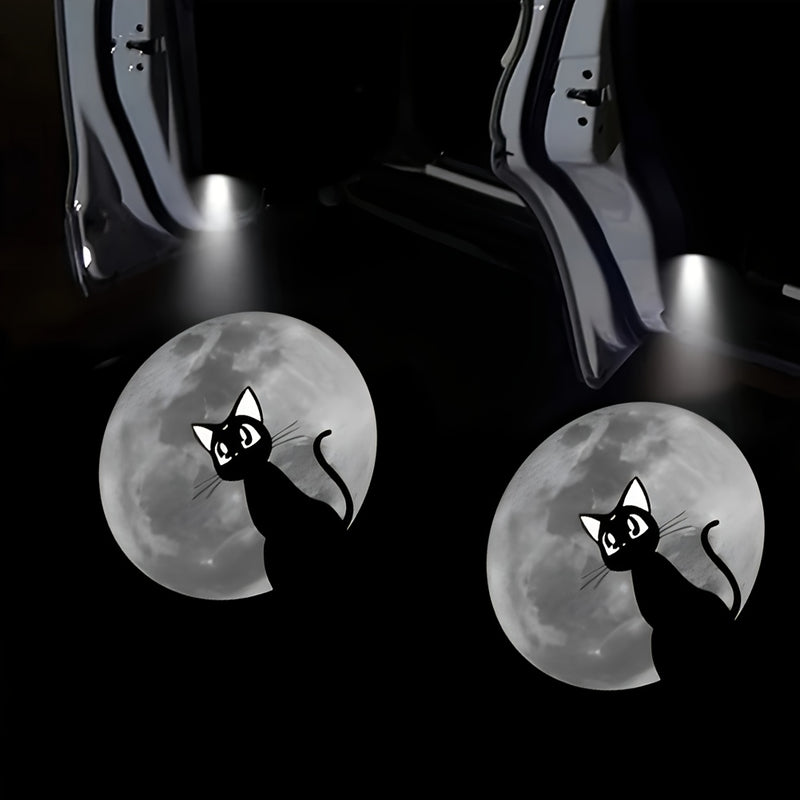 2 piezas de Luz de Bienvenida con Proyección Lunar y Gato LED - Función de Encendido Automático en la Puerta del Coche, Alimentado por Baterías (Baterías No Incluidas) - Regalo Perfecto para San Valentín, Día de la Madre, Día del Padre, Halloween y Mardi