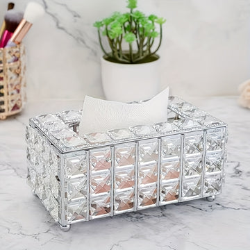 Soporte Elegante para Caja de Pañuelos de Metal con Detalles en Cristal, Blanco y Dorado, Tapadera Extraíble, Forma Rectangular, Ideal para Cocina, Comedor y Decoración del Hogar