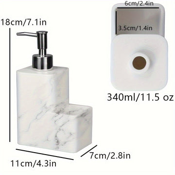 Dispensador de jabón de mármol blanco elegante con soporte de cepillo - Autónomo, no necesita electricidad, material de resina, ideal para encimeras de cocina y baño, incluye almacenamiento de almohadilla de limpieza, dispensador de jabón para baño