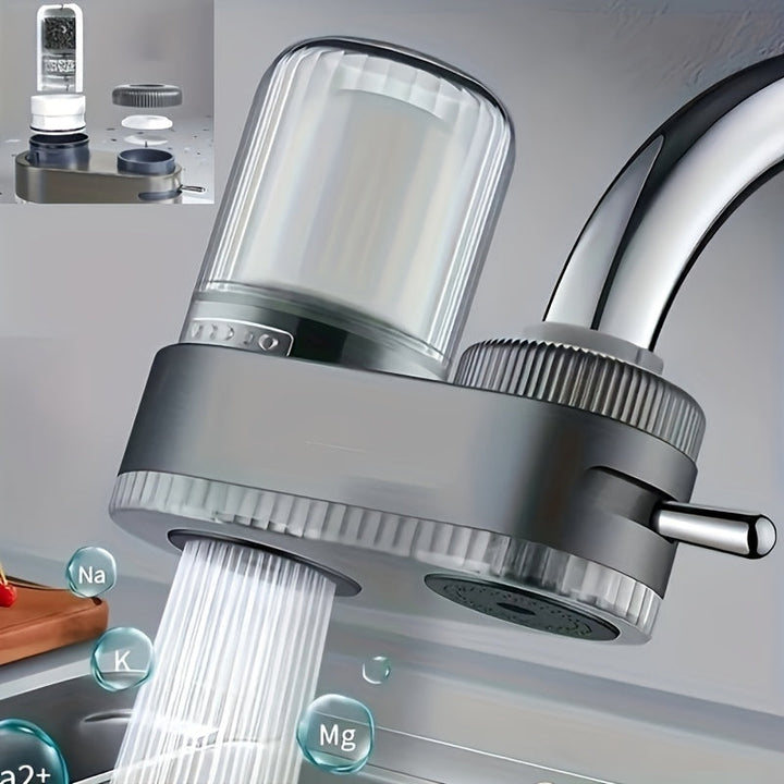 Un purificador de agua para grifos de fregadero, que puede eliminar cloro, manchas de agua, metales pesados y olores. Es adecuado para cocinas y baños en casa. Puede desmontarse para limpieza y viene con varios tamaños de adaptadores. Diseño de botella.