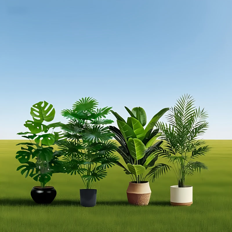 Juego de 4 piezas para todas las estaciones, incluye 48 plantas artificiales de hojas grandes. Adecuado para exteriores - árboles decorativos tropicales de hoja ancha, macetas para interiores y exteriores todo el año, estilo nórdico para bodas