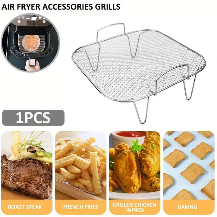 1pc Estantería de acero inoxidable para freidora de aire, accesorio de parrilla multiusos para freidora de aire, horno, microondas, soporte de cocina para cocción saludable