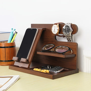 Soporte de Madera Sólida para Teléfono y Organizador para Hombres – Mesita Multifuncional con Ranura para Cable de Carga, Compartimentos para Carteras, Gafas, Relojes & Llaves – Regalo Perfecto para Papá, Esposo, Novio – Montaje Fácil, Decoración Estilo