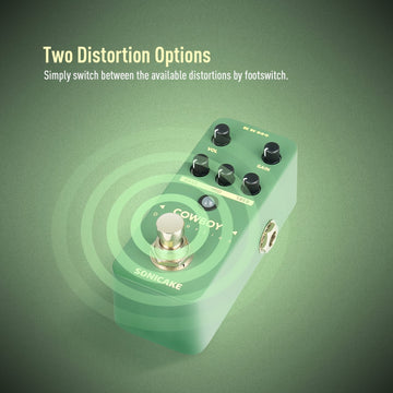 Pedal de Distorsión Sonicake Cowboy - Homenaje a Dimebag Darrell con Interruptor Dual (Bajo/Medios/Agudos), Construcción Metálica Resistente, Pedal Compacto Verde para Heavy Metal, Rock y Blues - Incluye Correa Hook and Loop, Compatible con 9V-18V DC (Po