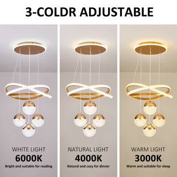 Lámpara colgante LED dorada moderna, regulable, acabado metálico pulido, con hardware de instalación, para comedor, isla de cocina, sala de estar, dormitorio - Conectada eléctricamente, 110V-240V, solución de iluminación para islas | Lámpara de techo ele