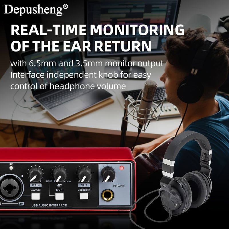Interfaz de Audio USB DEPUSHENG de Ultra-Baja Latencia - 24Bit/96kHz, XLR con Alimentación Fantasma, Plug & Play para Grabación, Streaming y Podcasting - Rojo