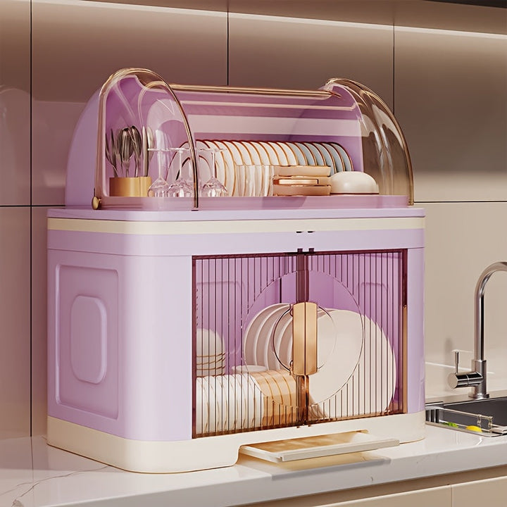 Escurridor de platos plegable de 2/3 niveles, gran capacidad con tapa, gabinete de almacenamiento para cocina con tabla de drenaje, antipolvo - ahorrador de espacio, organizador de vajilla ideal para armarios y encimeras, color morado