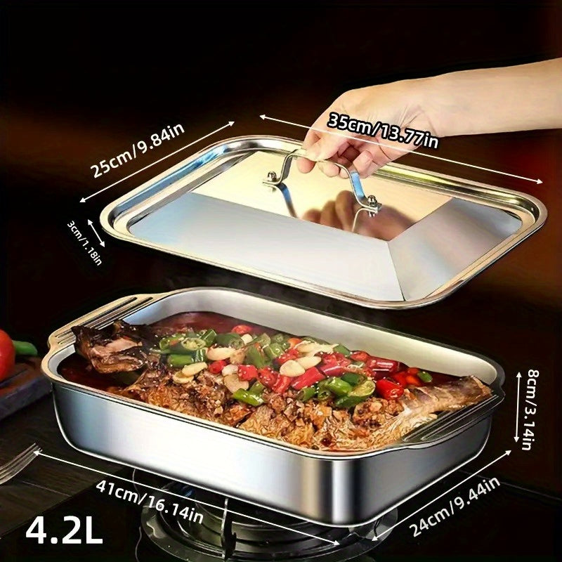 Juego de bandejas de asado de acero inoxidable con tapas, bandeja de asado rectangular de alta resistencia antiadherente, bandeja de horno multiusos para postres, pan, bandeja de asado de doble asa, bandeja de mariscos - Ideal para asados, bufés y fiesta