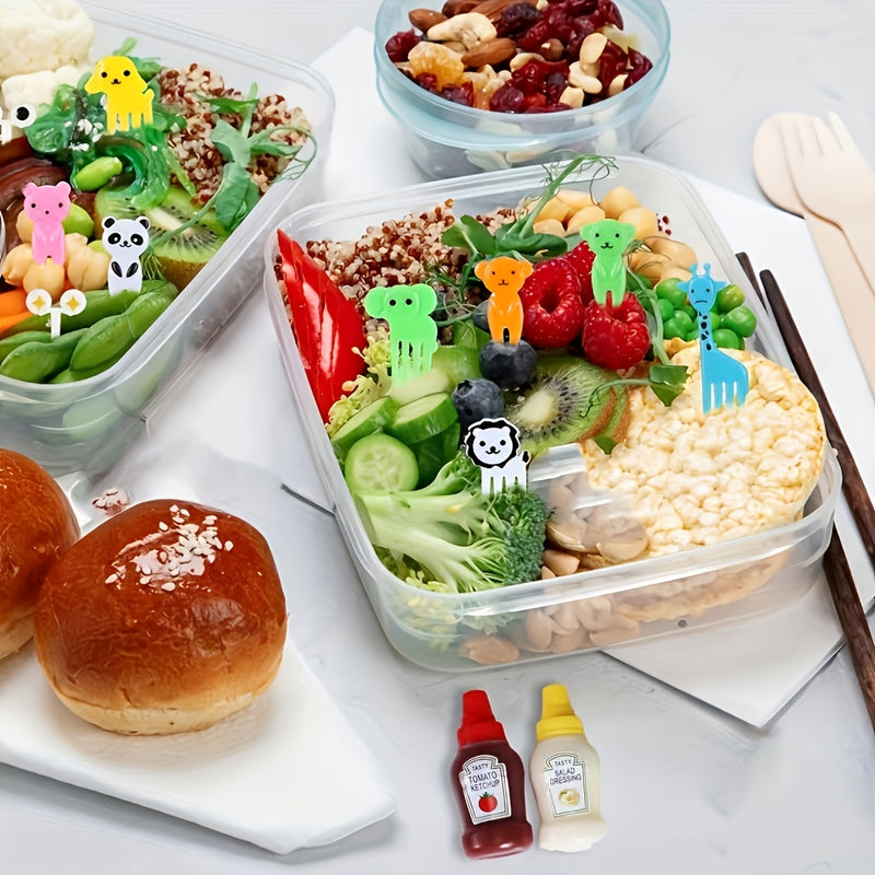 Juego de accesorios para el almuerzo de 58 piezas, tenedor de frutas con animales de dibujos animados, botella exprimible para condimentos, decoración para la caja de almuerzo, material ABS, accesorios divertidos para comer, suministros de cocina para us